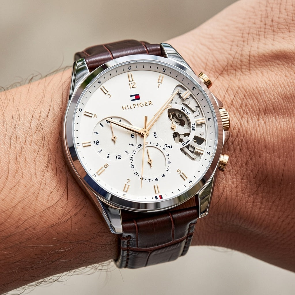 Tommy Hilfiger Baker 1710450 44mm Men's Multi-Function Watch – White Semi-Skeleton & Brown Genuine Leather Strap