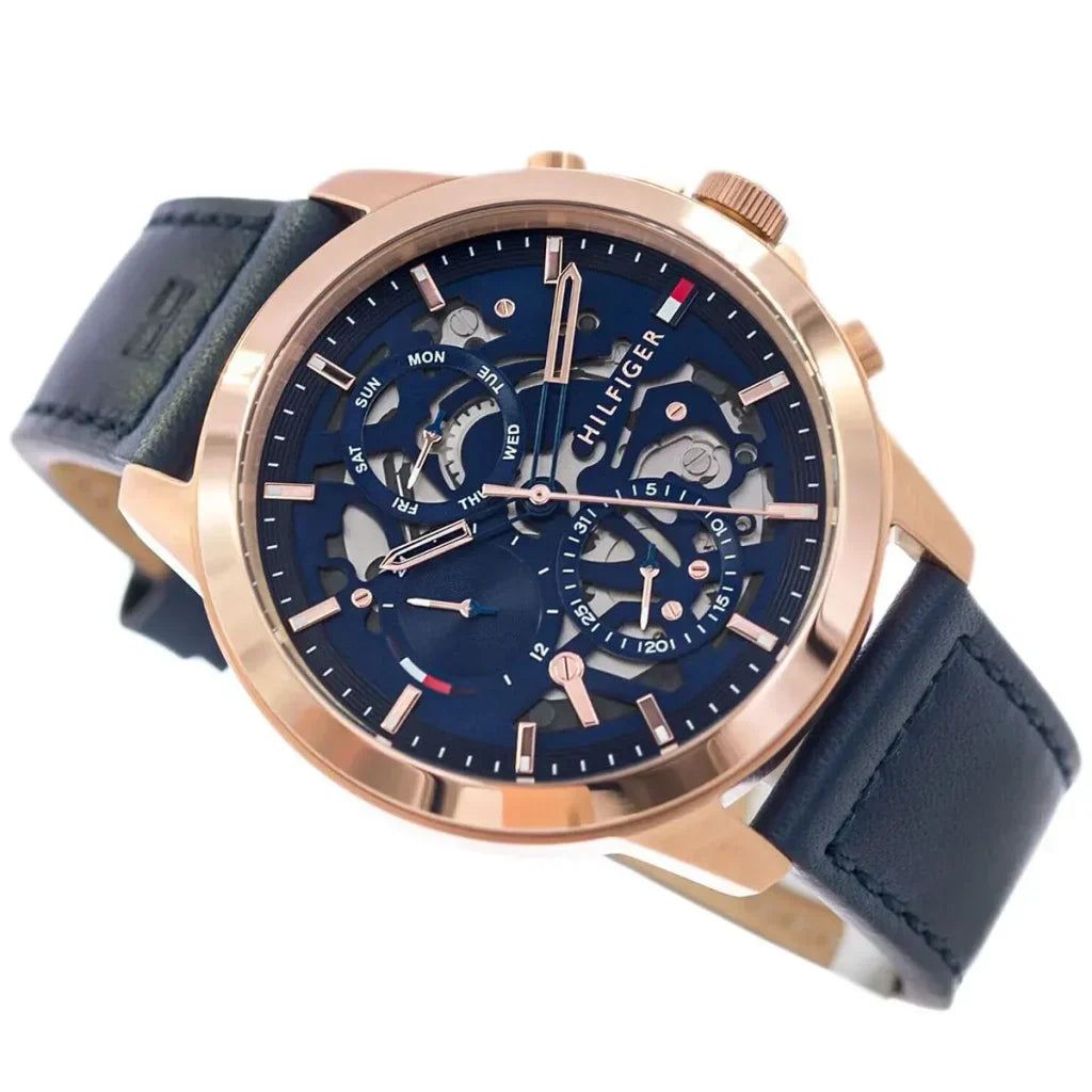 Tommy Hilfiger Henry 1710475 44mm Men's Multi-Function Watch – Blue Semi-Skeleton & Blue Genuine Leather Strap