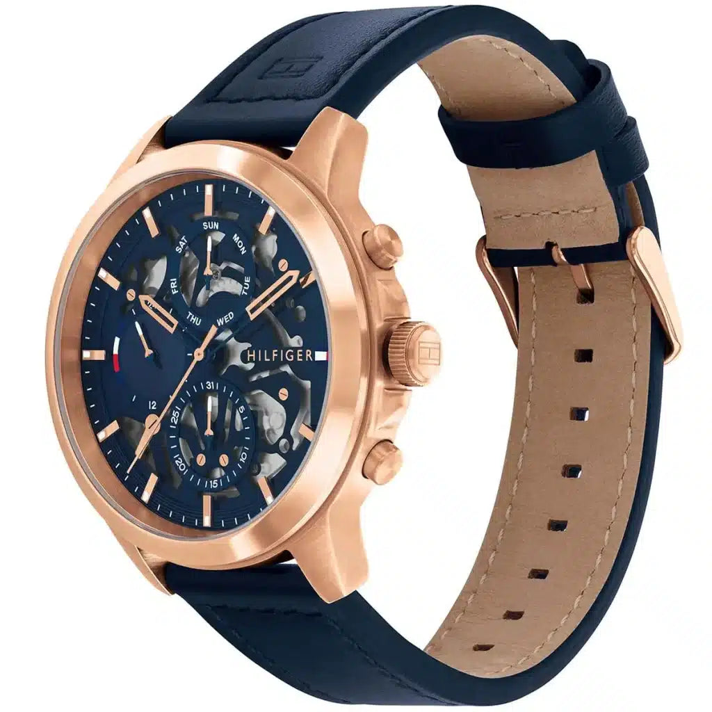 Tommy Hilfiger Henry 1710475 44mm Men's Multi-Function Watch – Blue Semi-Skeleton & Blue Genuine Leather Strap