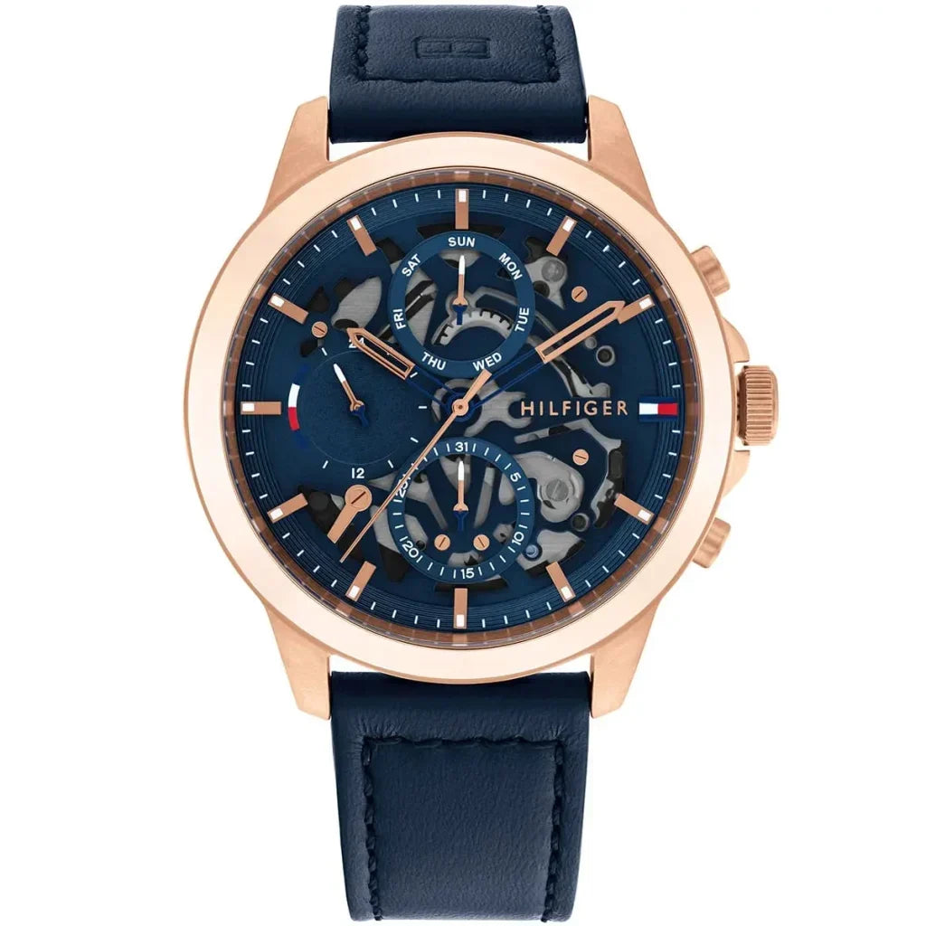 Tommy Hilfiger Henry 1710475 44mm Men's Multi-Function Watch – Blue Semi-Skeleton & Blue Genuine Leather Strap