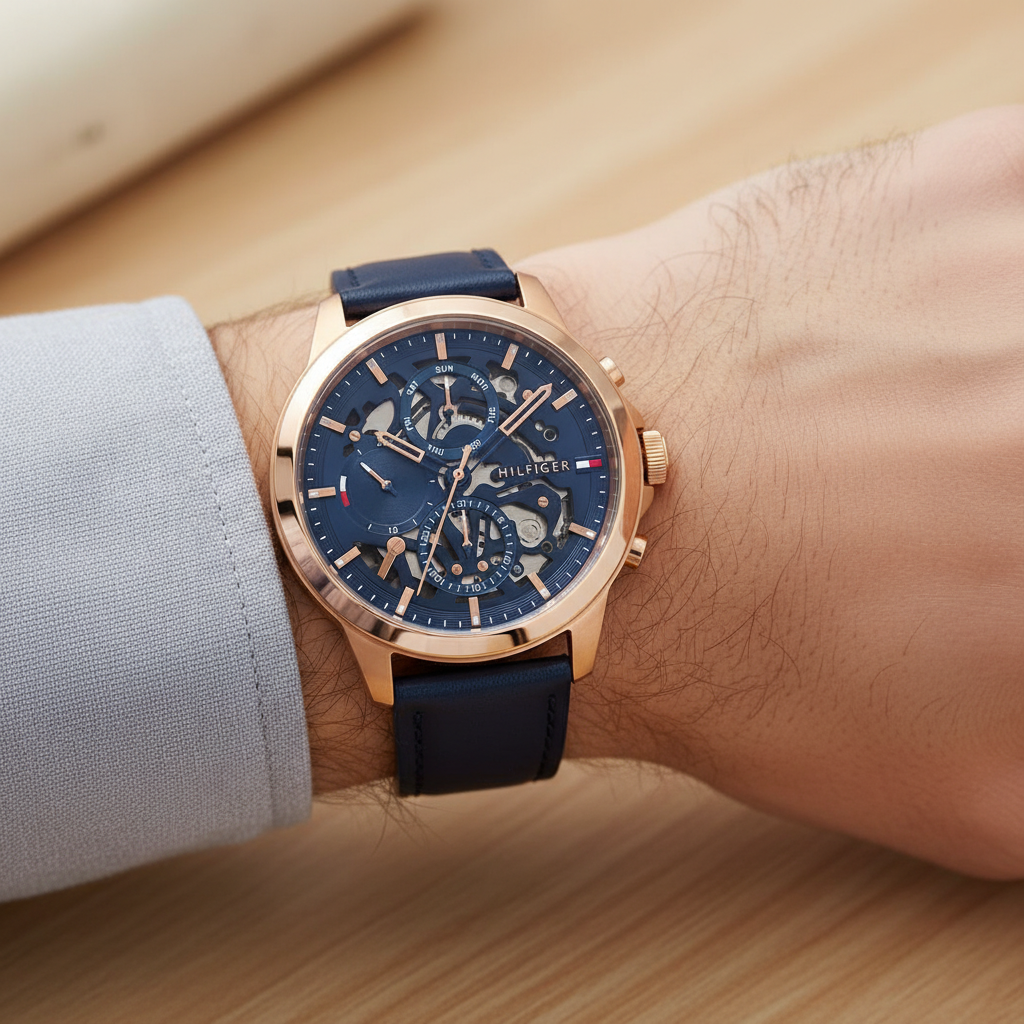 Tommy Hilfiger Henry 1710475 44mm Men's Multi-Function Watch – Blue Semi-Skeleton & Blue Genuine Leather Strap