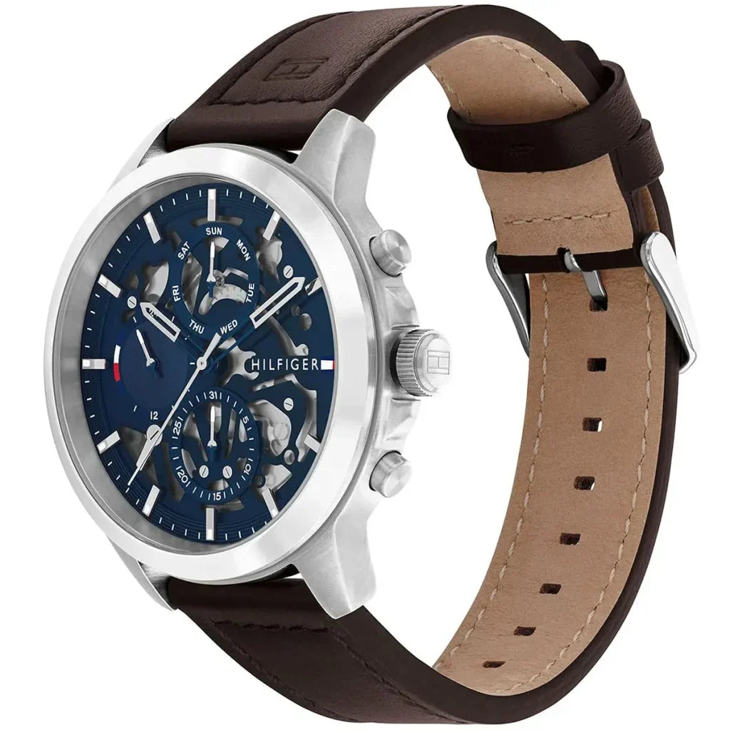 Tommy Hilfiger Henry 1710476 44mm Men's Multi-Function Watch – Blue Semi-Skeleton & Brown Genuine Leather Strap