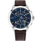 Tommy Hilfiger Henry 1710476 44mm Men's Multi-Function Watch – Blue Semi-Skeleton & Brown Genuine Leather Strap