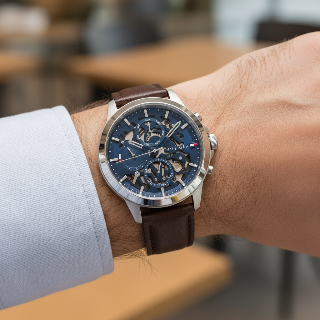 Tommy Hilfiger Henry 1710476 44mm Men's Multi-Function Watch – Blue Semi-Skeleton & Brown Genuine Leather Strap