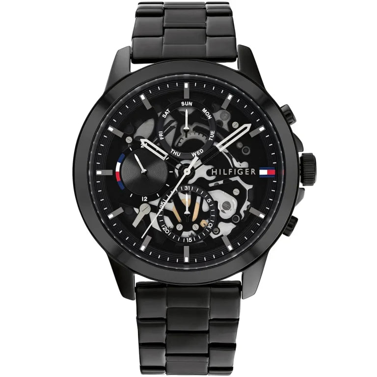 Tommy Hilfiger Henry 1710478 44mm Men's Quartz Watch – Black Skeleton & Black Stainless Steel Bracelet