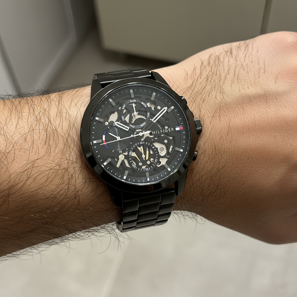 Tommy Hilfiger Henry 1710478 44mm Men's Quartz Watch – Black Skeleton & Black Stainless Steel Bracelet