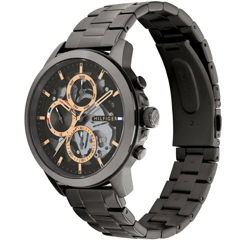 Tommy Hilfiger Henry 1710479 44mm Men's Quartz Watch – Gunmetal Skeleton & Gunmetal Stainless Steel Bracelet