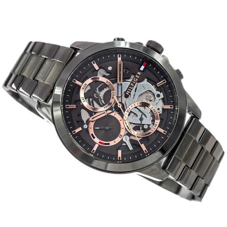 Tommy Hilfiger Henry 1710479 44mm Men's Quartz Watch – Gunmetal Skeleton & Gunmetal Stainless Steel Bracelet