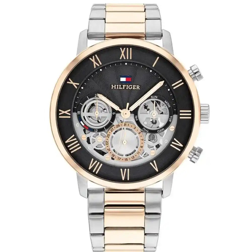 Tommy Hilfiger Legend 1710570 44mm Men's Quartz Watch – Rose Gold Skeleton & Two-Tone Stainless Steel Bracelet