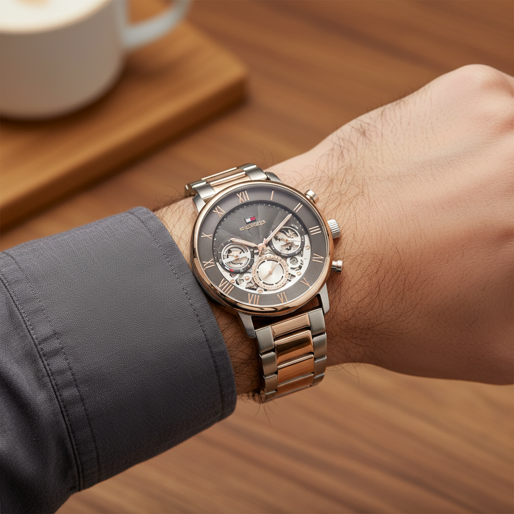 Tommy Hilfiger Legend 1710570 44mm Men's Quartz Watch – Rose Gold Skeleton & Two-Tone Stainless Steel Bracelet