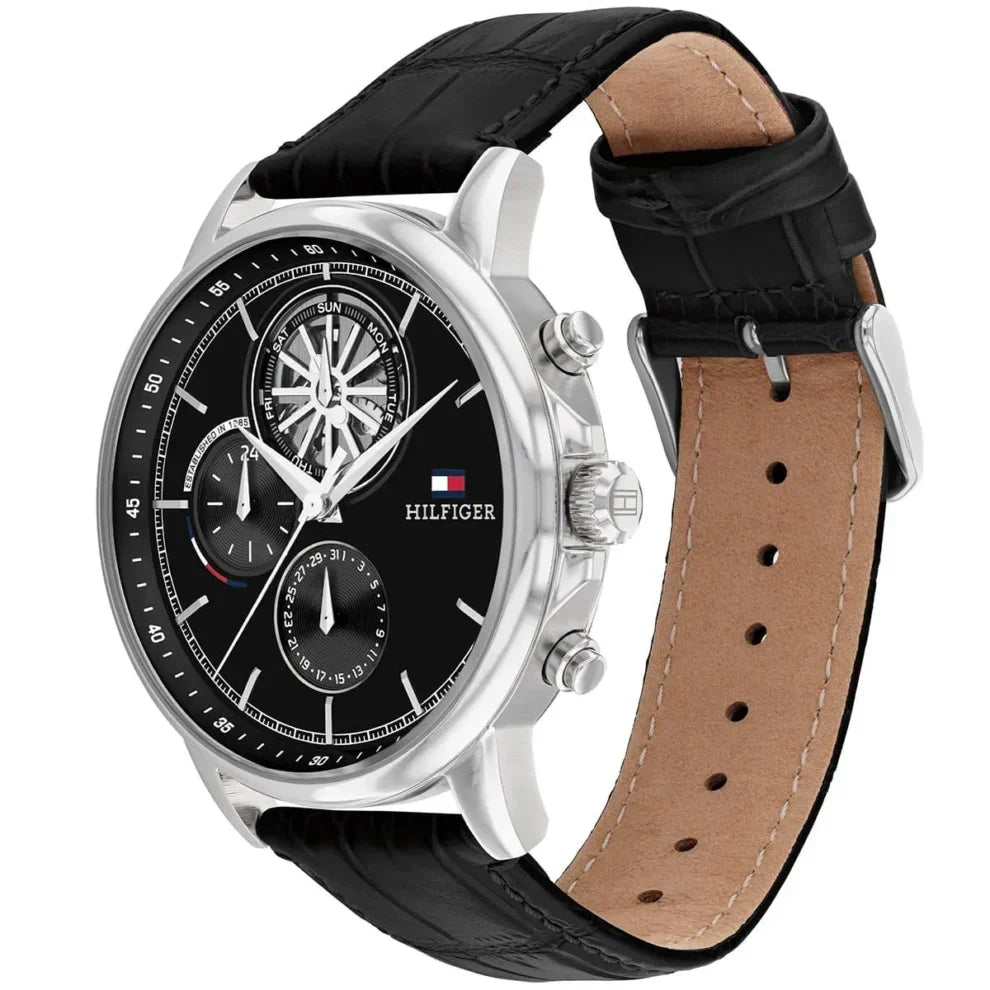 Tommy Hilfiger Stewart 1710605 44mm Men's Multi-Function Watch – Black Semi-Skeleton & Black Genuine Leather Strap