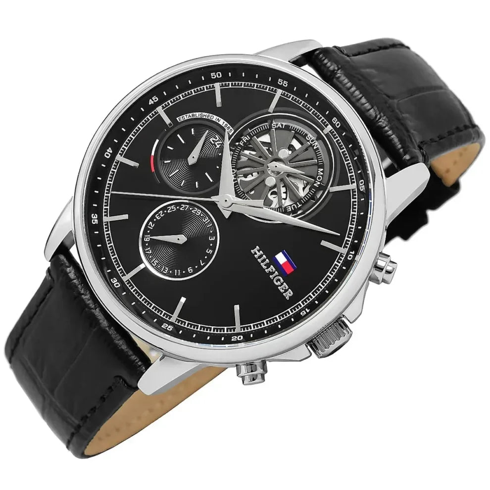 Tommy Hilfiger Stewart 1710605 44mm Men's Multi-Function Watch – Black Semi-Skeleton & Black Genuine Leather Strap