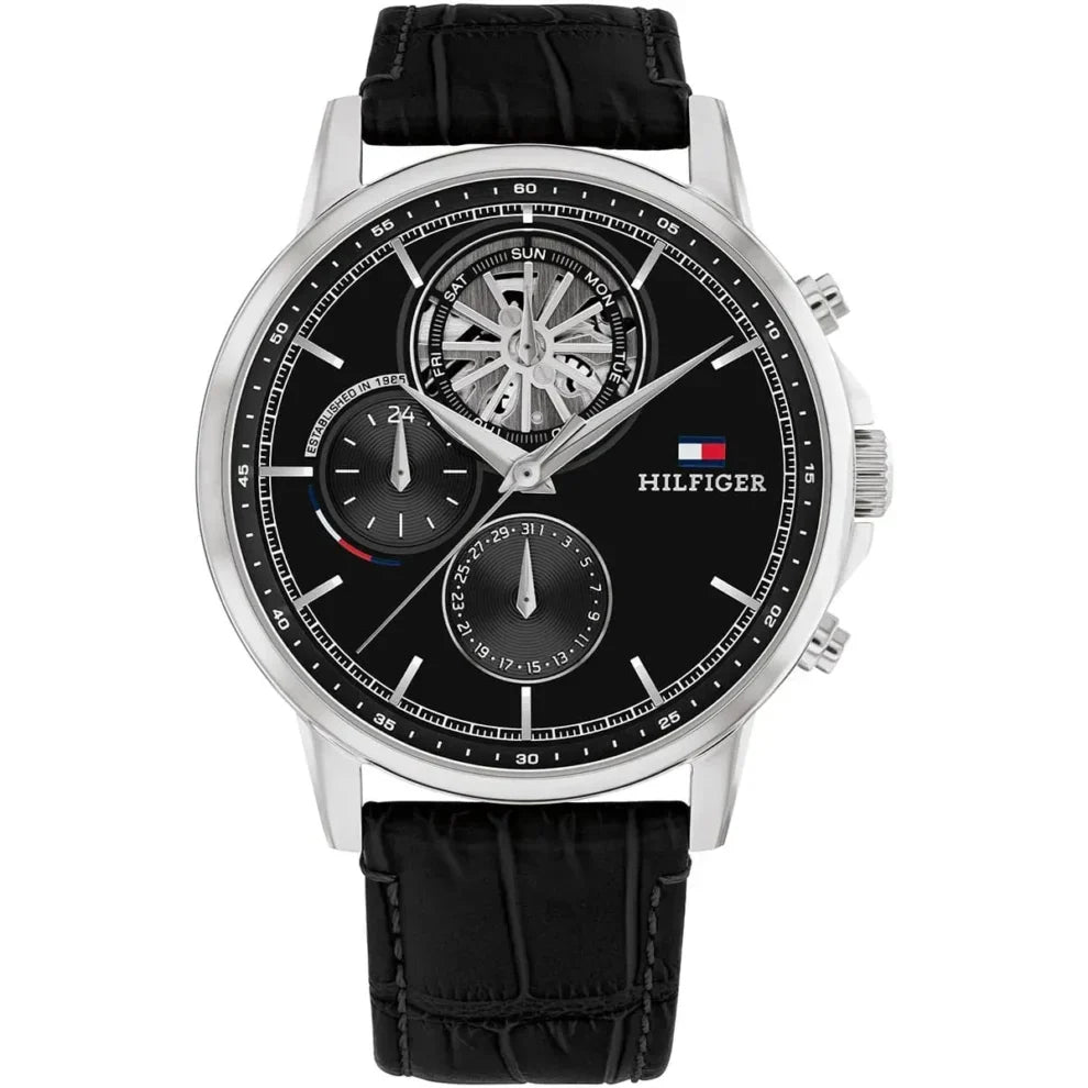 Tommy Hilfiger Stewart 1710605 44mm Men's Multi-Function Watch – Black Semi-Skeleton & Black Genuine Leather Strap