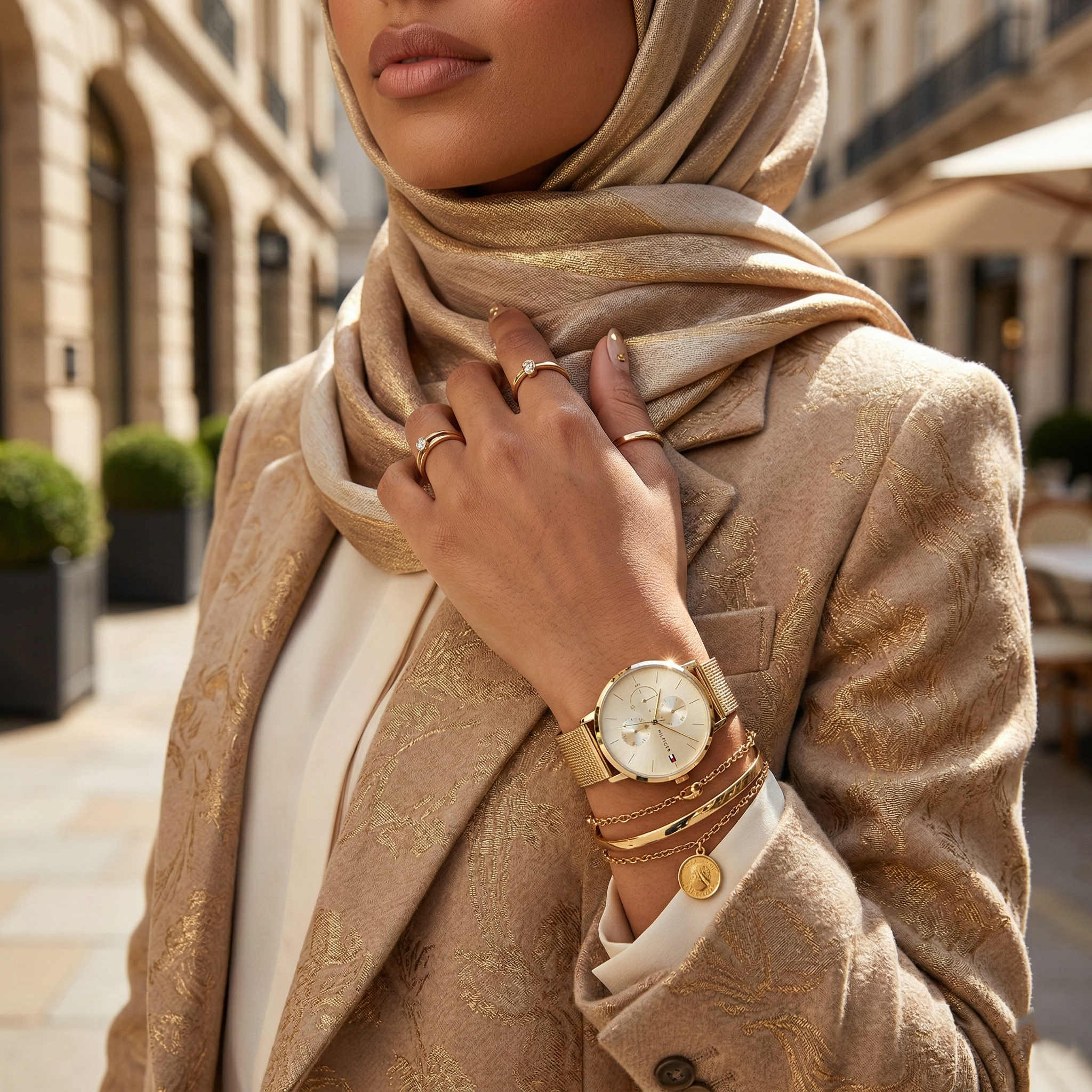 Tommy Hilfiger Jenna 1781943 40mm Women's Multi-Function Watch – Champagne Sunray & Gold Stainless Steel Mesh Bracelet