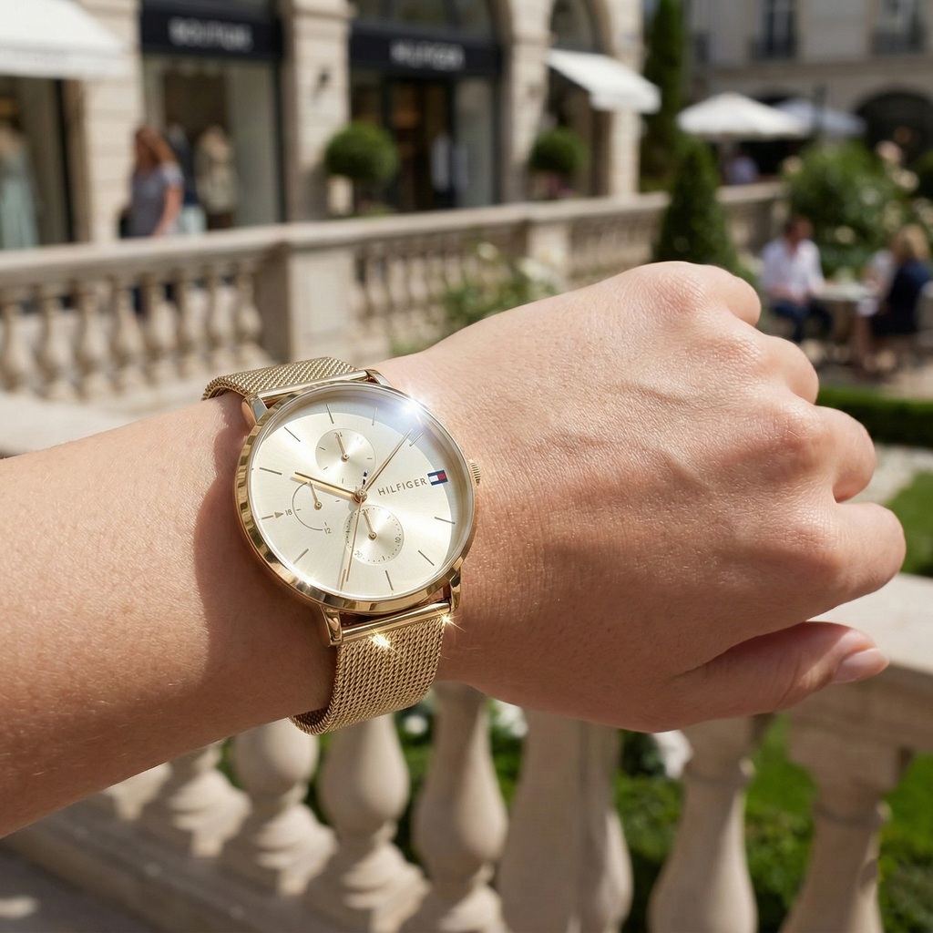 Tommy Hilfiger Jenna 1781943 40mm Women's Multi-Function Watch – Champagne Sunray & Gold Stainless Steel Mesh Bracelet