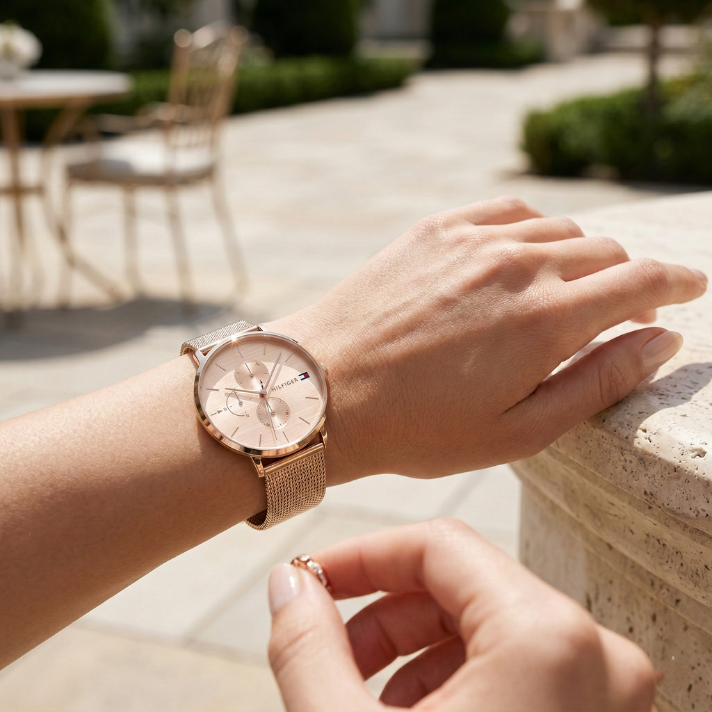 Tommy Hilfiger Jenna 1781944 40mm Women's Multi-Function Watch – Rose Gold Sunray & Rose Gold Stainless Steel Mesh Bracelet