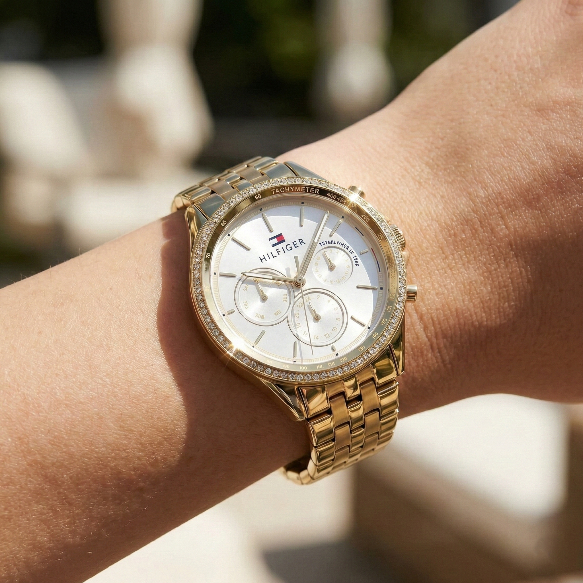 Tommy Hilfiger Ari 1781977 38mm Women's Multi-Function Watch – Off-White Sunray & Gold Stainless Steel Bracelet