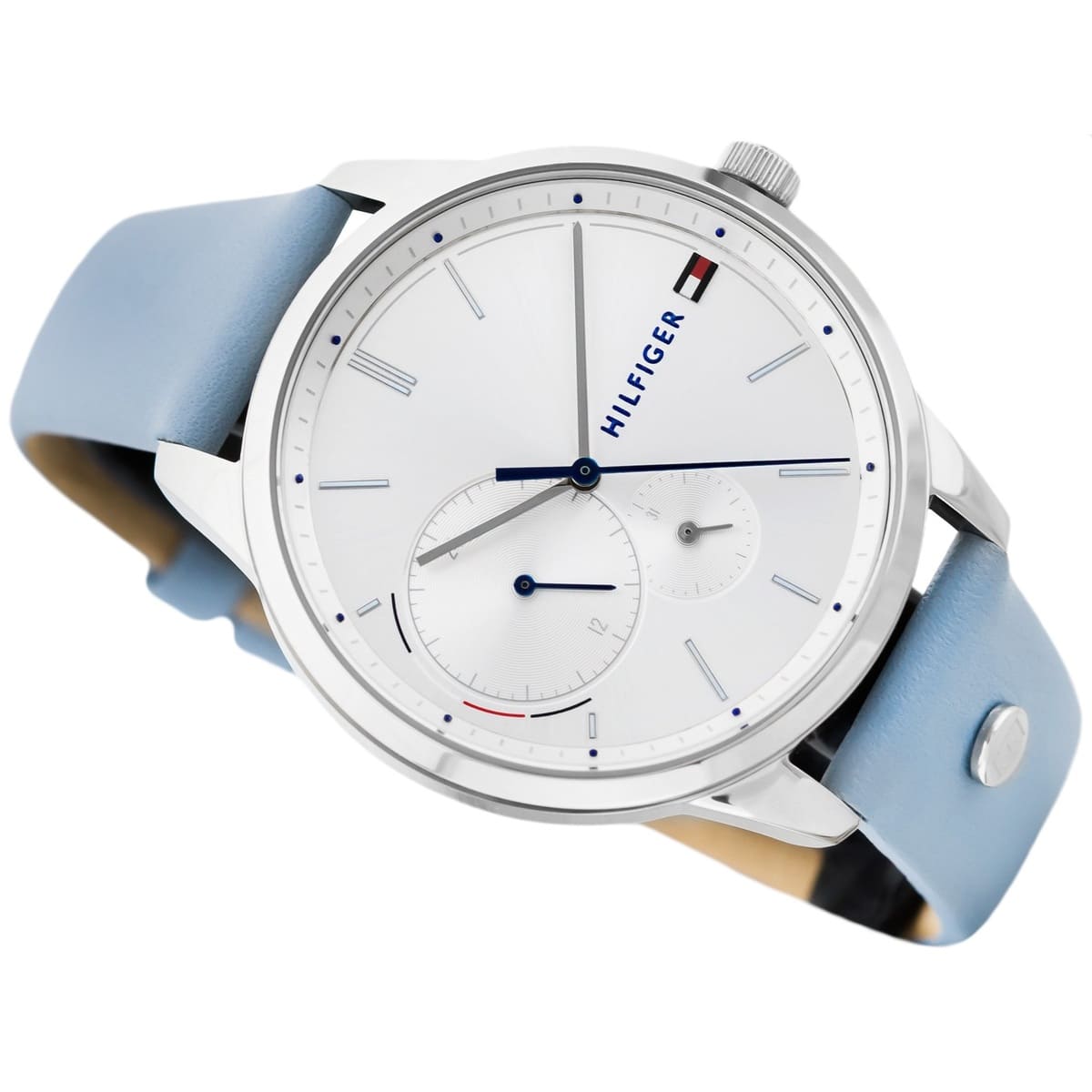 Tommy Hilfiger Brooke 1782023 38mm Women's Multi-Function Watch – Silver Sunray & Light Blue Genuine Leather Strap