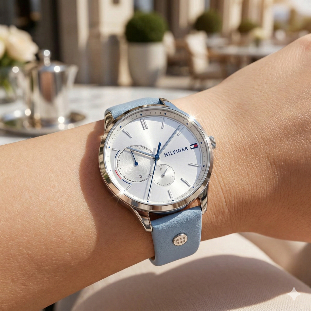 Tommy Hilfiger Brooke 1782023 38mm Women's Multi-Function Watch – Silver Sunray & Light Blue Genuine Leather Strap