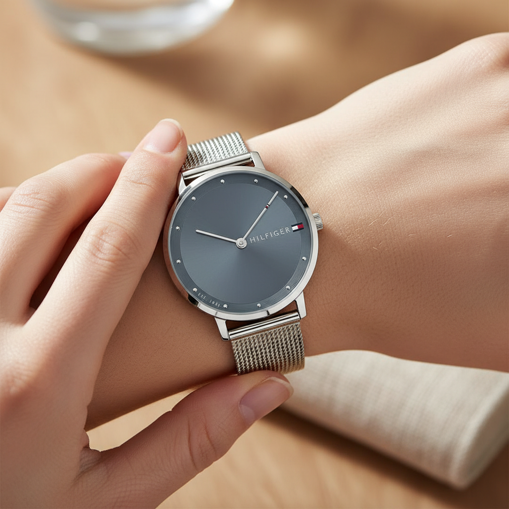 Tommy Hilfiger Pippa 1782149 35mm Women's Quartz Watch – Navy Blue Sunray & Silver Stainless Steel Mesh Bracelet