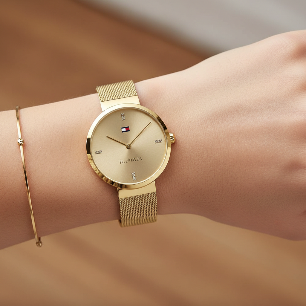 Tommy Hilfiger Liberty 1782217 35mm Women's Quartz Watch – Gold Sunray & Gold Stainless Steel Mesh Bracelet