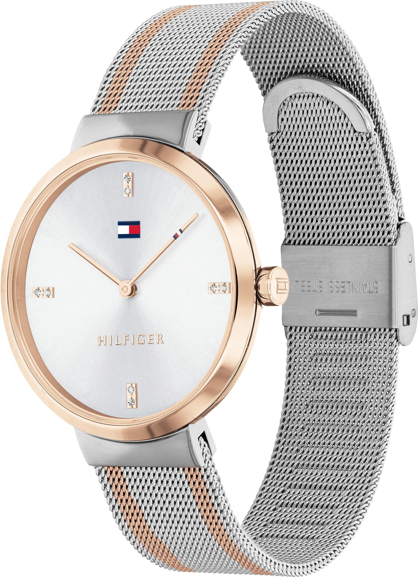 Tommy Hilfiger Liberty 1782221 35mm Women's Quartz Watch – Silver Sunray & Two-Tone Stainless Steel Mesh Bracelet