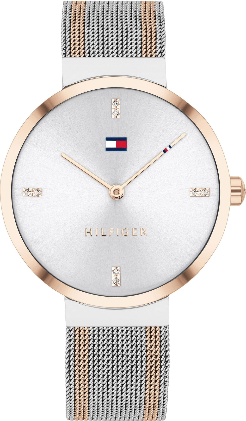 Tommy Hilfiger Liberty 1782221 35mm Women's Quartz Watch – Silver Sunray & Two-Tone Stainless Steel Mesh Bracelet