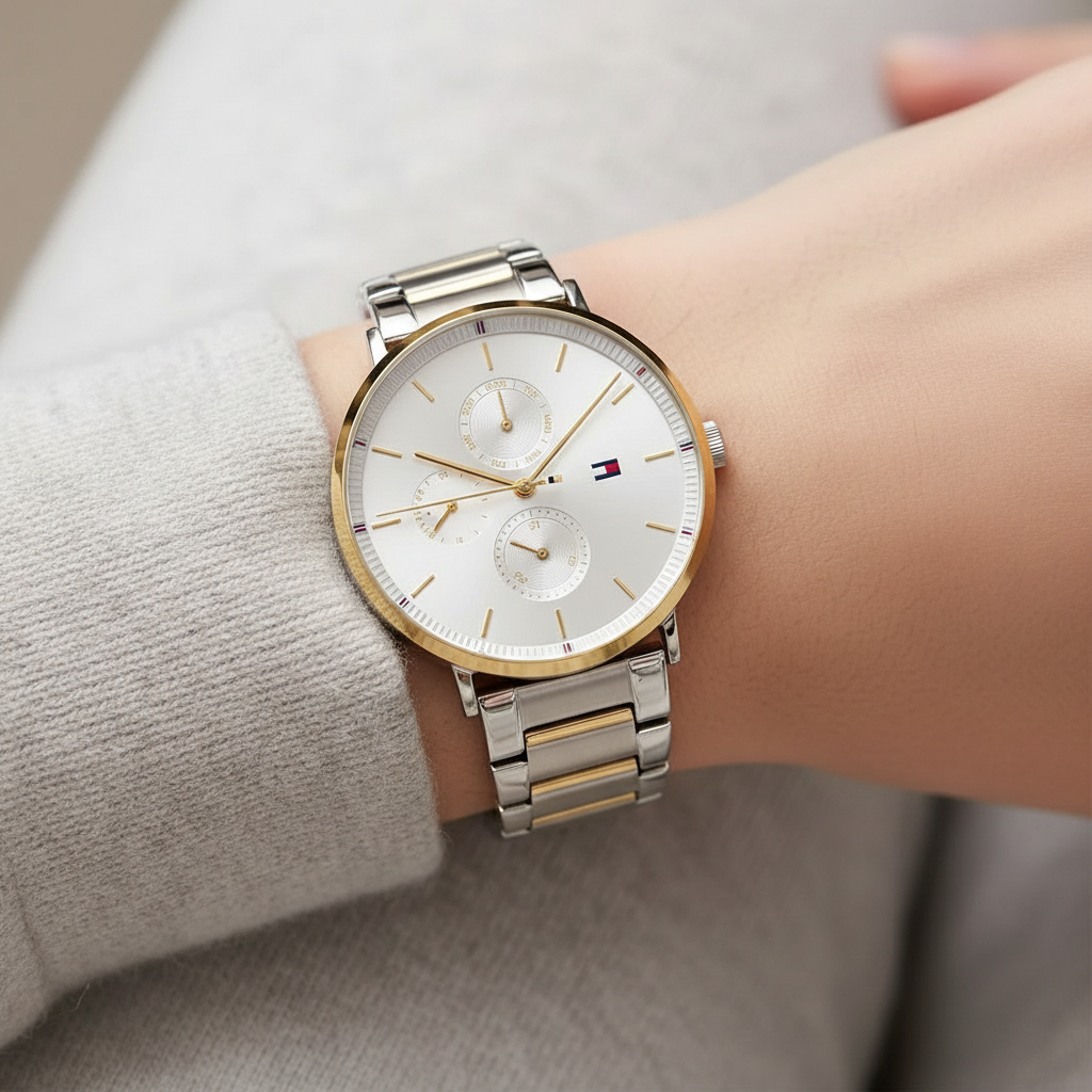 Tommy Hilfiger Jenna 1782299 40mm Women's Multi-Function Watch – Silver Sunray & Two-Tone Stainless Steel Bracelet