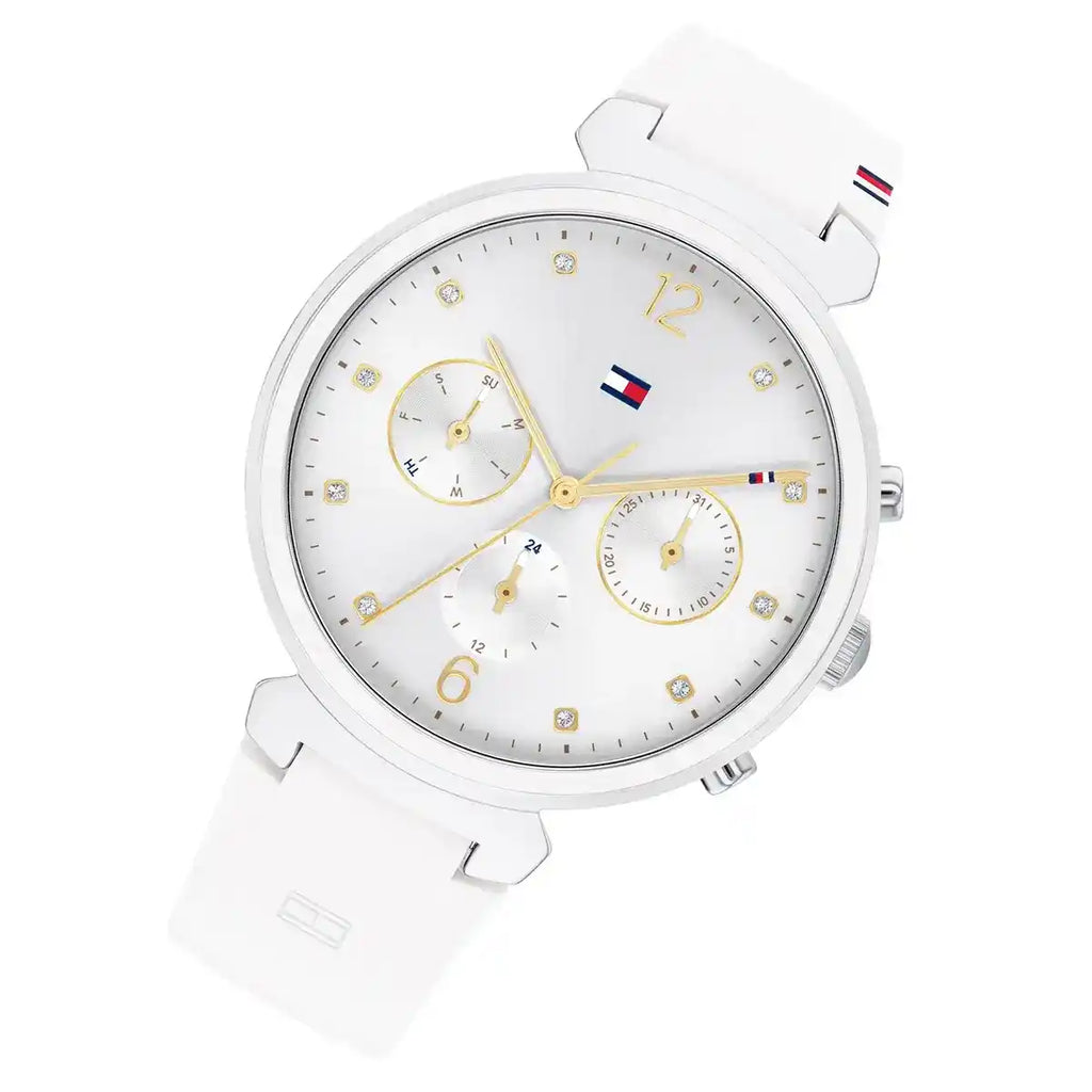 Tommy Hilfiger Ivy 1782342 38mm Women's Multi-Function Watch – White Sunray & White Rubber Strap