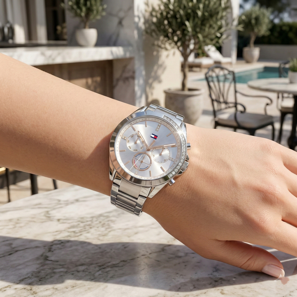 Tommy Hilfiger Kennedy 1782384 38mm Women's Multi-Function Watch – Silver Sunray & Silver Stainless Steel Bracelet