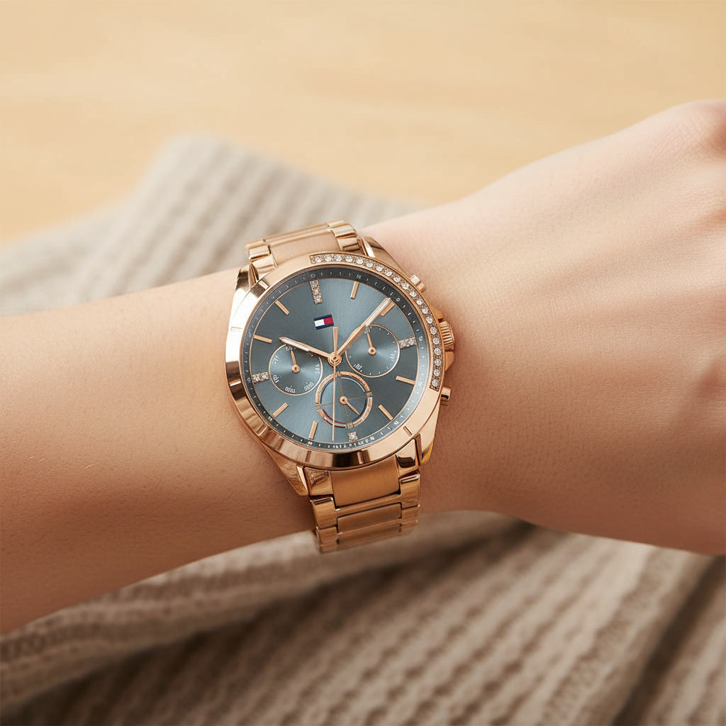 Tommy Hilfiger Kennedy 1782386 38mm Women's Multi-Function Watch – Blue Sunray & Rose Gold Stainless Steel Bracelet