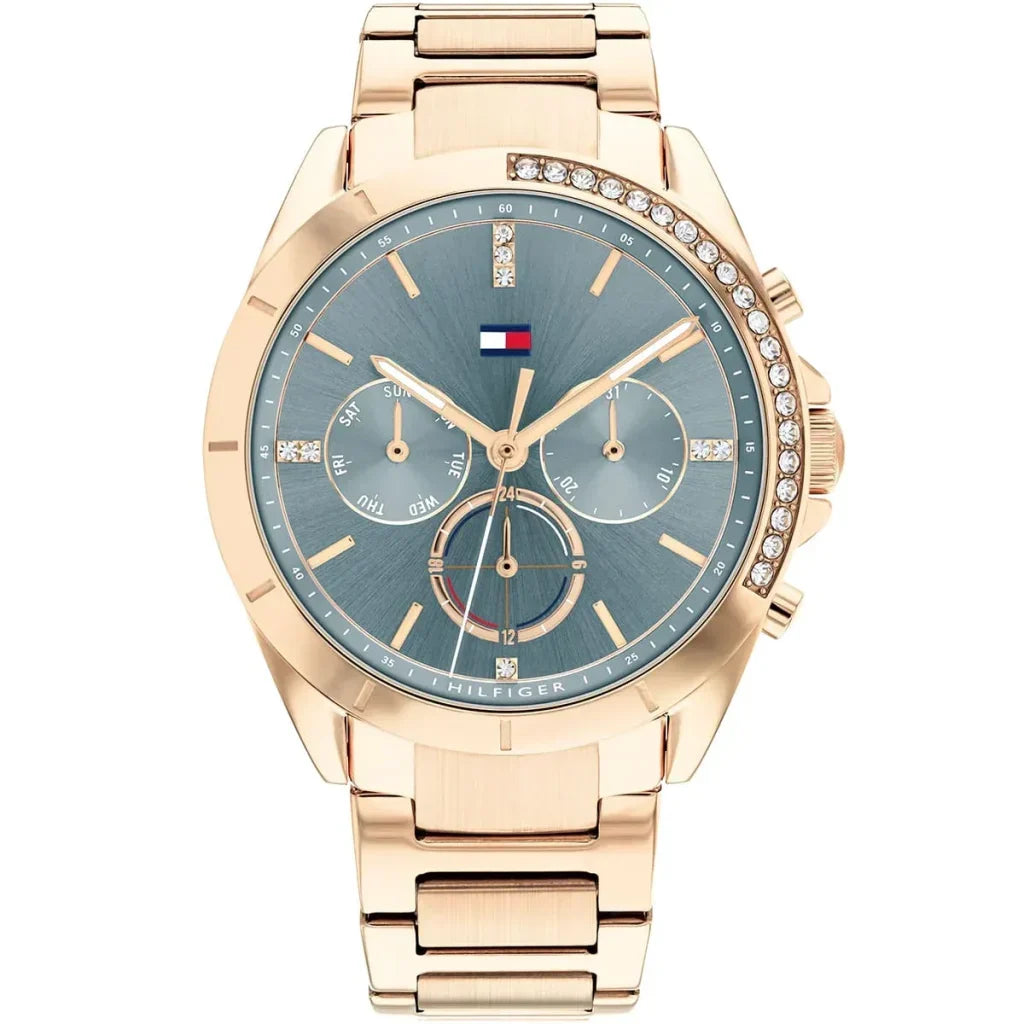Tommy Hilfiger Kennedy 1782386 38mm Women's Multi-Function Watch – Blue Sunray & Rose Gold Stainless Steel Bracelet