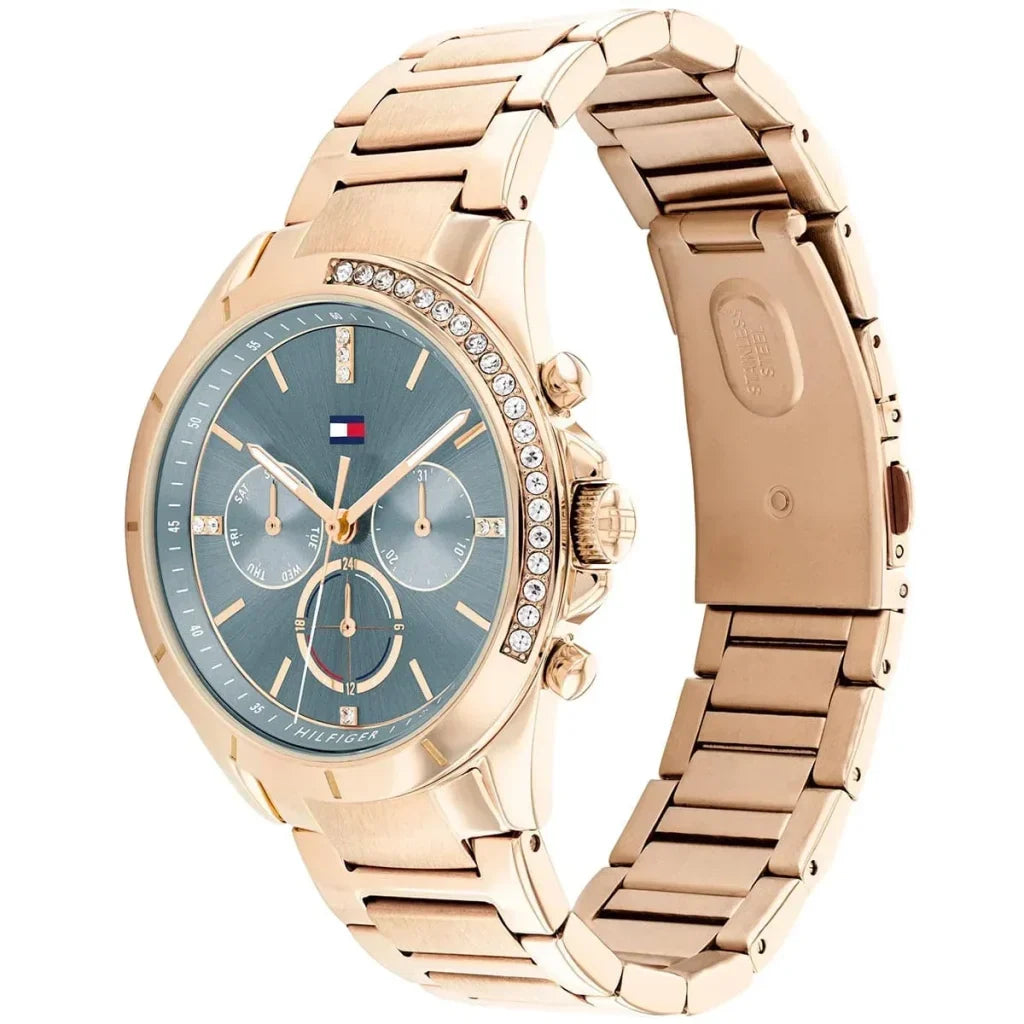 Tommy Hilfiger Kennedy 1782386 38mm Women's Multi-Function Watch – Blue Sunray & Rose Gold Stainless Steel Bracelet