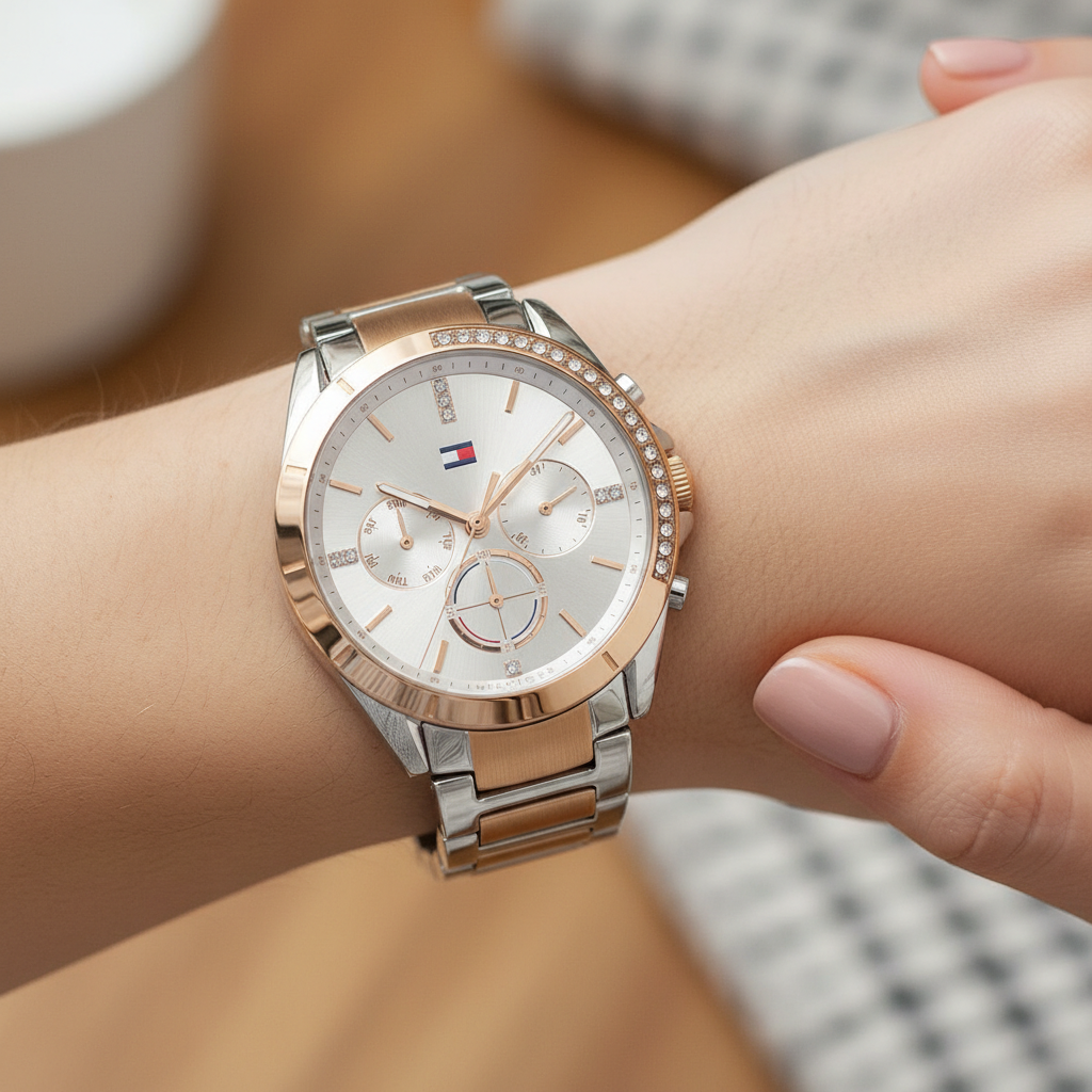 Tommy Hilfiger Kennedy 1782387 38mm Women's Multi-Function Watch – Silver Sunray & Two-Tone Stainless Steel Bracelet