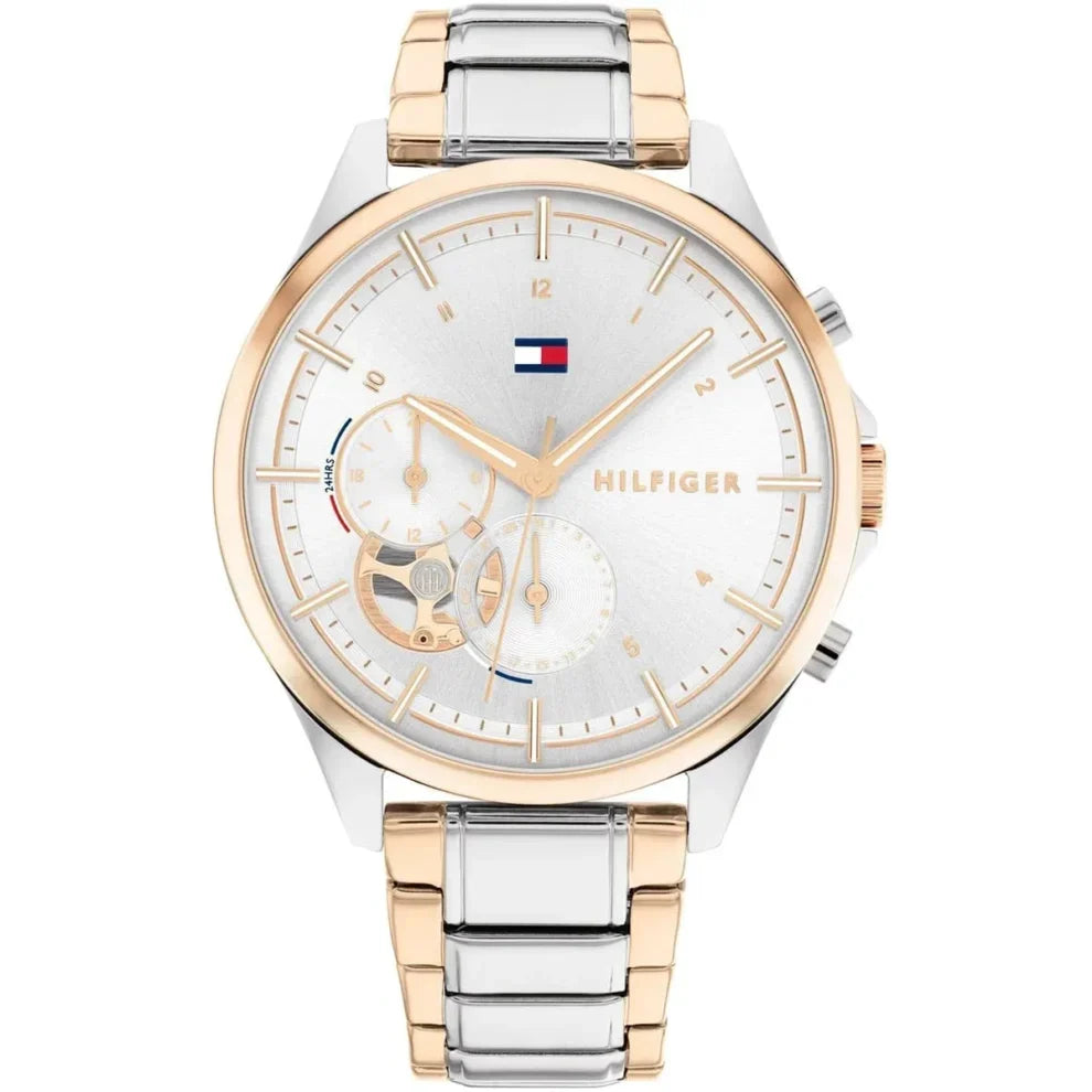 Tommy Hilfiger Quinn 1782415 38mm Women's Quartz Watch – Silver Semi-Skeleton & Two-Tone Stainless Steel Bracelet
