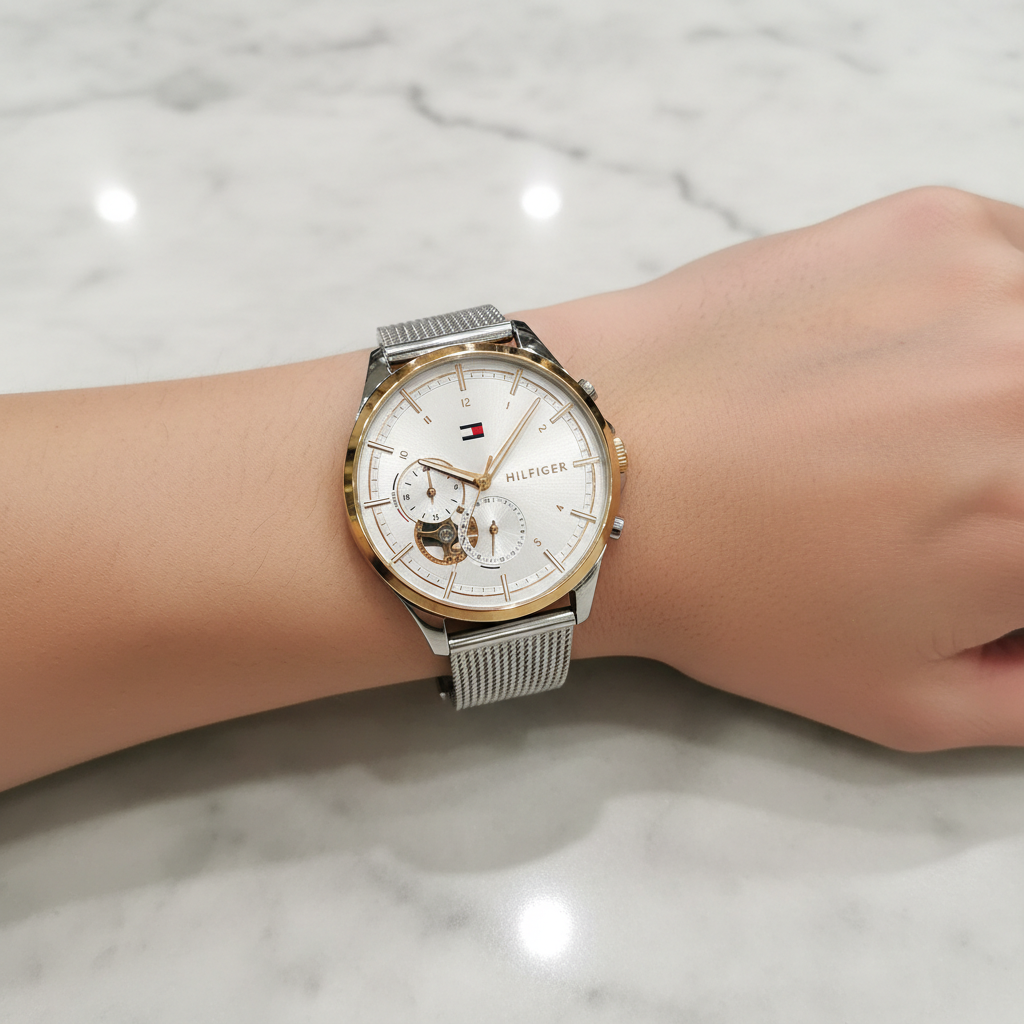 Tommy Hilfiger Quinn 1782416 38mm Women's Quartz Watch – Silver Semi-Skeleton & Silver Stainless Steel Mesh Bracelet