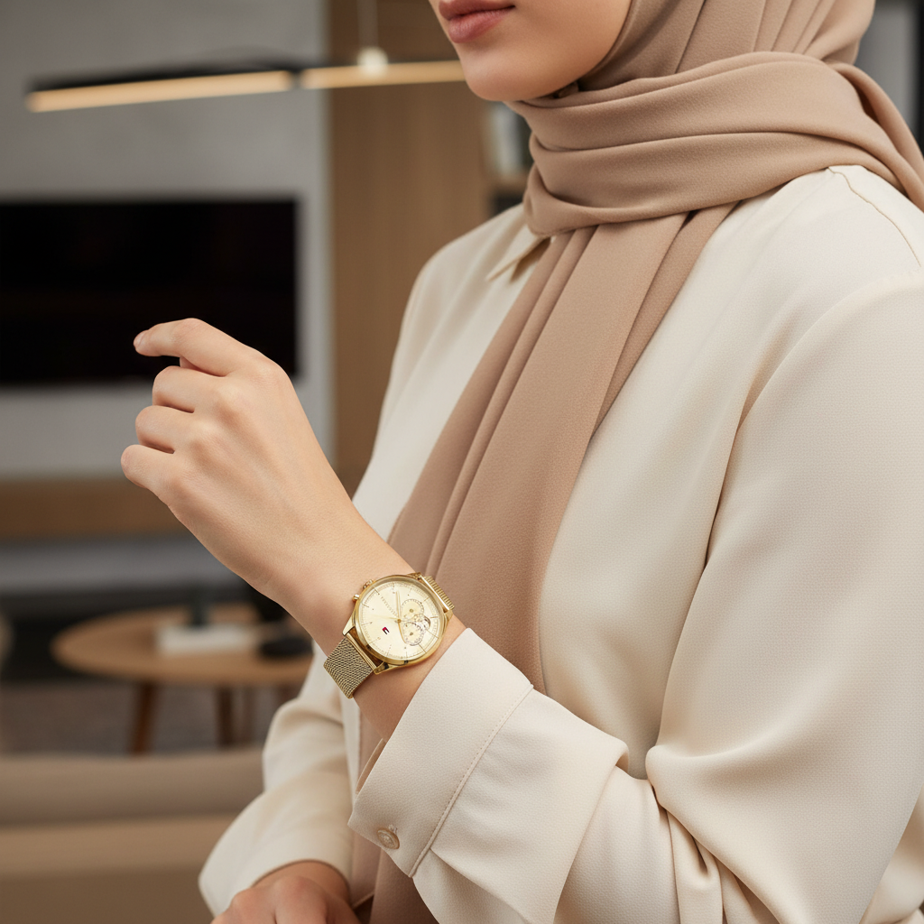Tommy Hilfiger Lori 1782417 38mm Women's Multi-Function Watch – Champagne Sunray & Gold Stainless Steel Mesh Bracelet