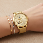 Tommy Hilfiger Lori 1782417 38mm Women's Multi-Function Watch – Champagne Sunray & Gold Stainless Steel Mesh Bracelet