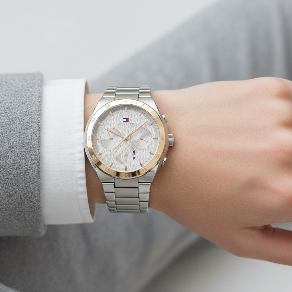Tommy Hilfiger Tea 1782573 35mm Women's Multi-Function Watch – Silver Wavy & Two-Tone Stainless Steel Bracelet