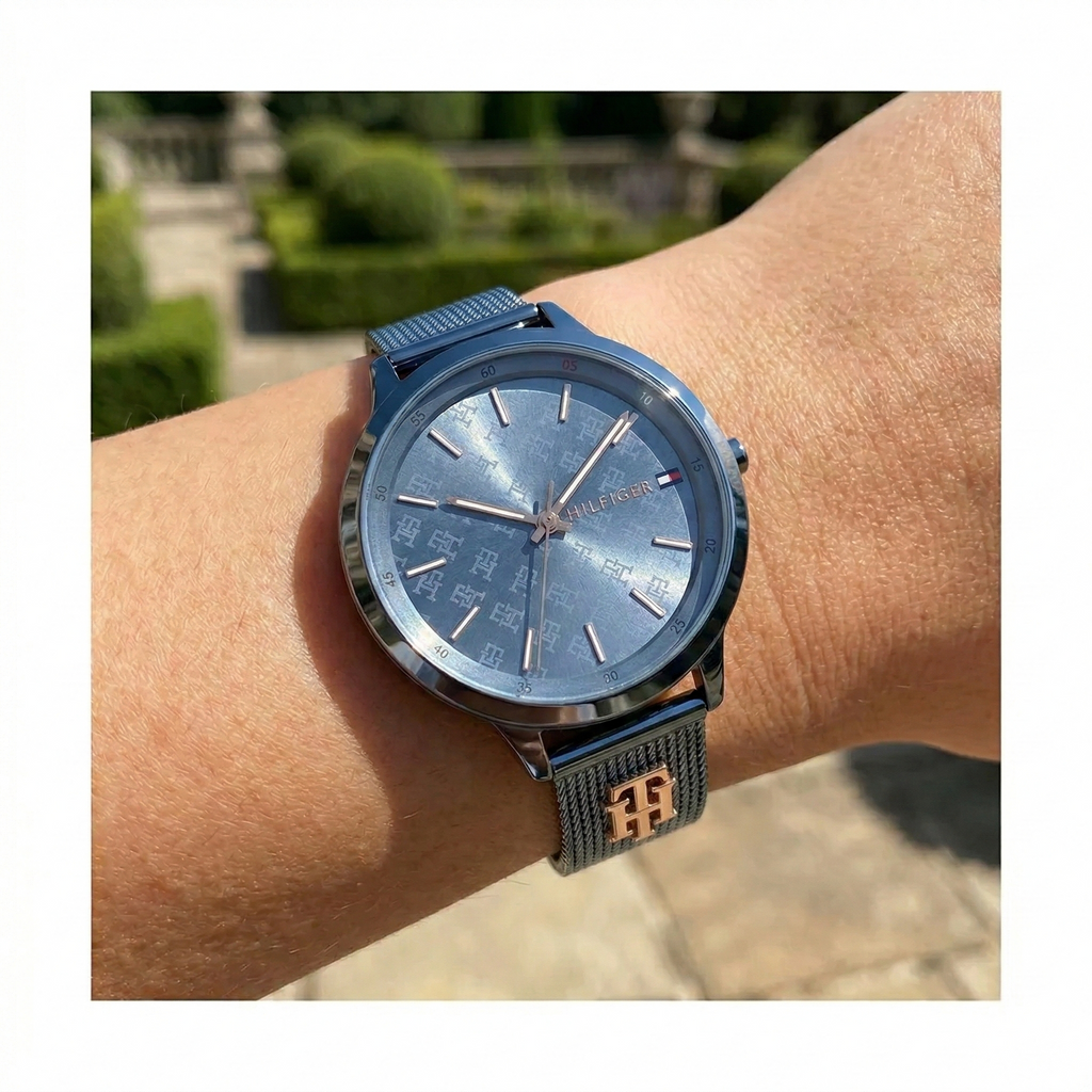 Tommy Hilfiger Iris 1782589 36mm Women's Quartz Watch – Slate Blue Monogram & Slate Blue Stainless Steel Mesh Bracelet