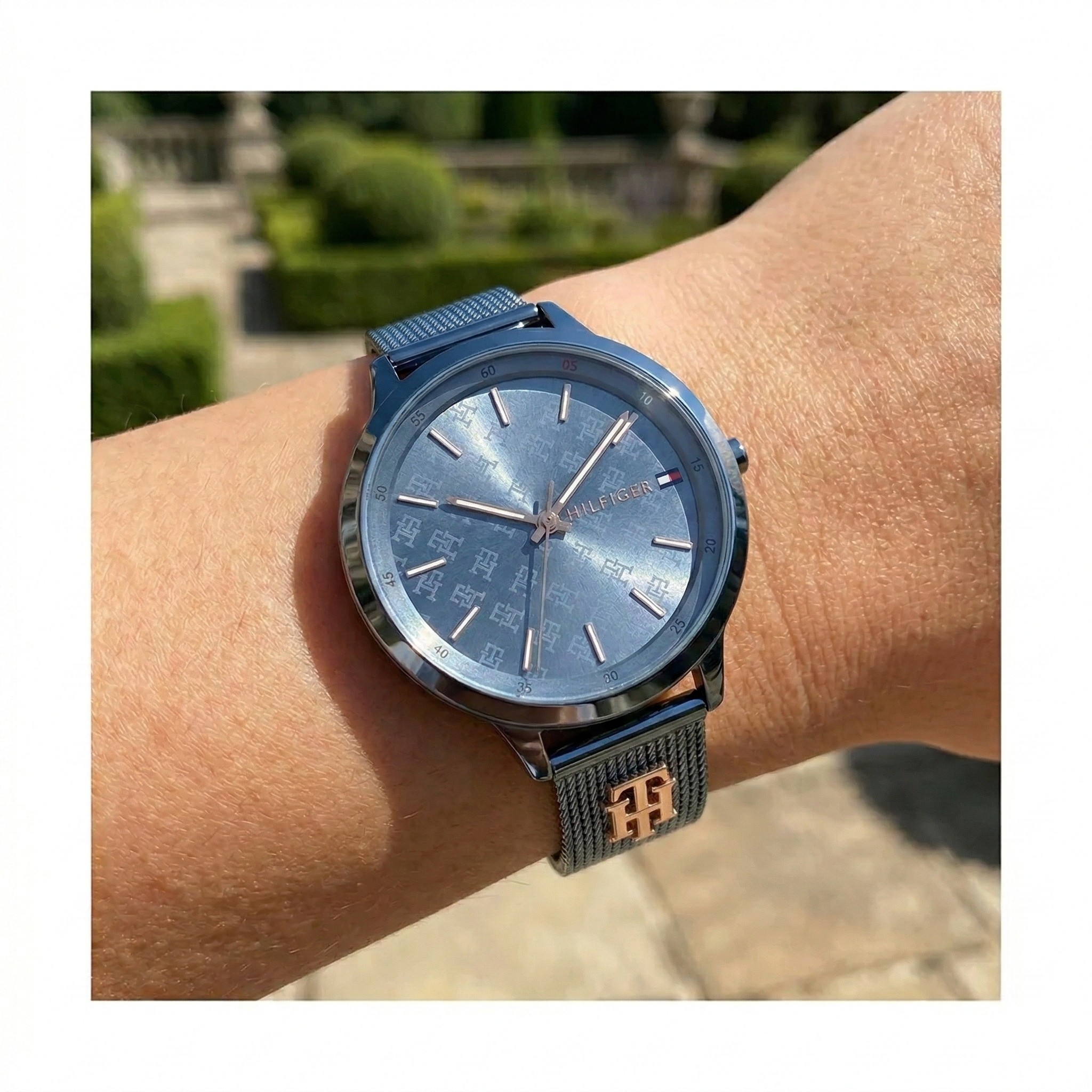 Tommy Hilfiger Iris 1782589 36mm Women's Quartz Watch – Slate Blue Monogram & Slate Blue Stainless Steel Mesh Bracelet