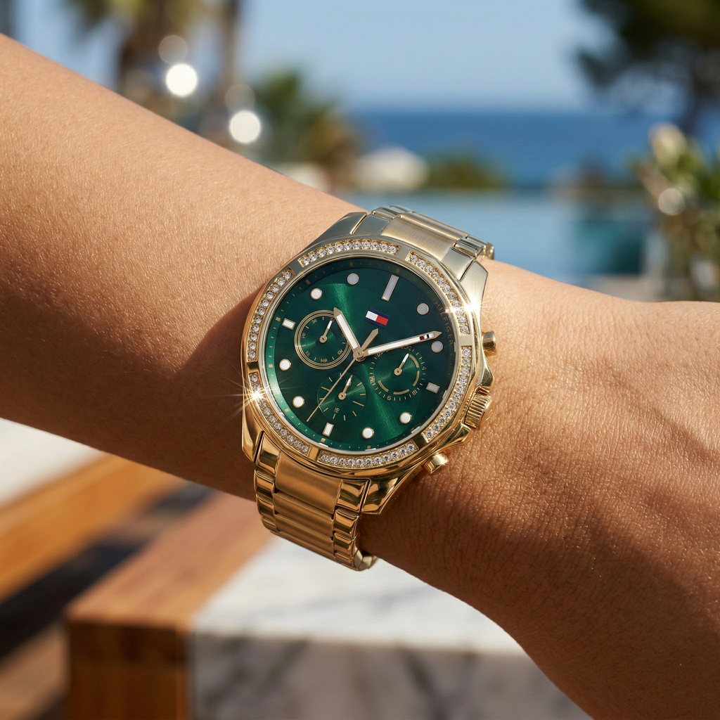 Tommy Hilfiger Ari 1782614 38mm Women's Multi-Function Watch – Dark Green Sunray & Gold Stainless Steel Bracelet