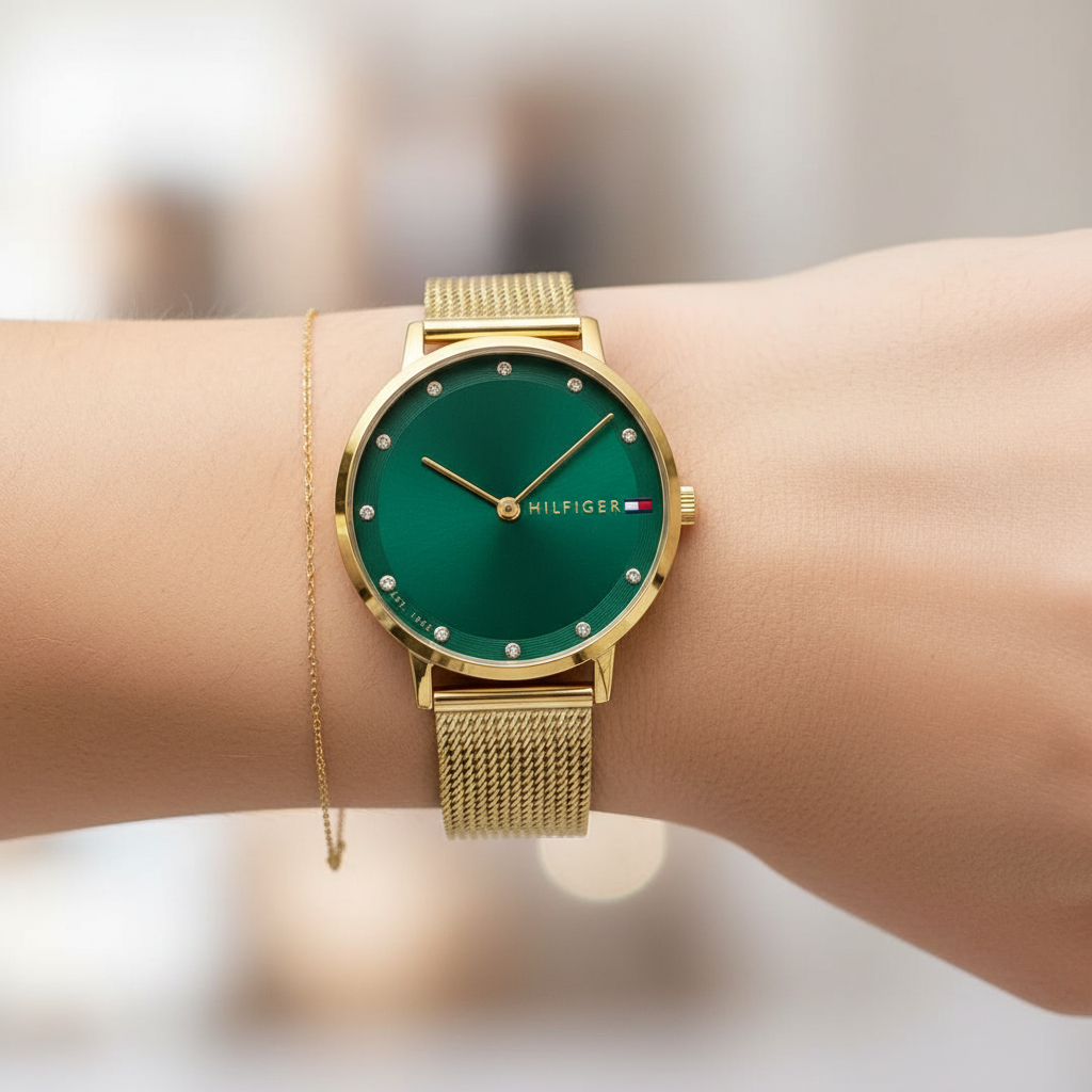 Tommy Hilfiger Pippa 1782668 35mm Women's Quartz Watch – Green Sunray & Gold Stainless Steel Mesh Bracelet