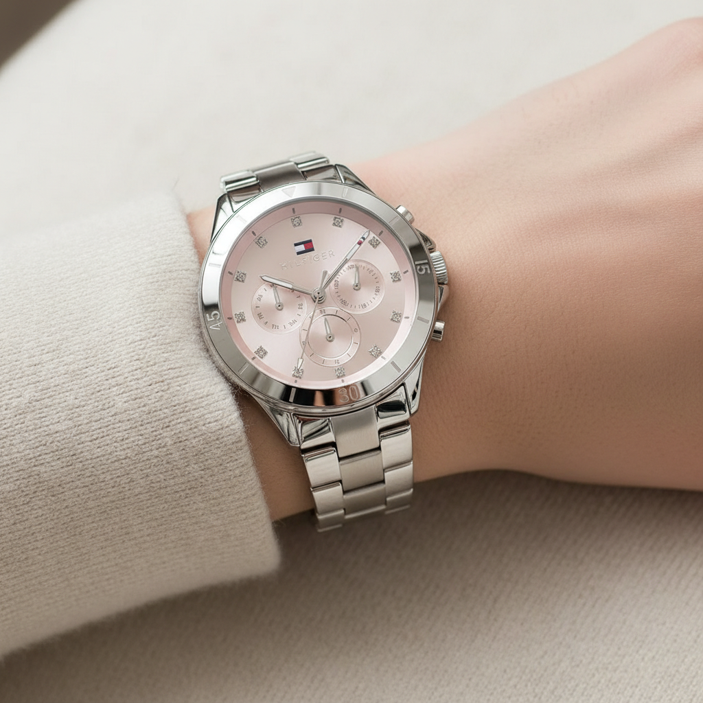 Tommy Hilfiger Mellie 1782706 40mm Women's Multi-Function Watch – Pink Sunray & Silver Stainless Steel Bracelet