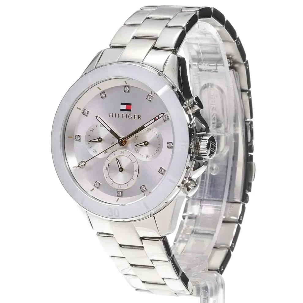 Tommy Hilfiger Mellie 1782707 40mm Women's Multi-Function Watch – White Sunray & Silver Stainless Steel Bracelet