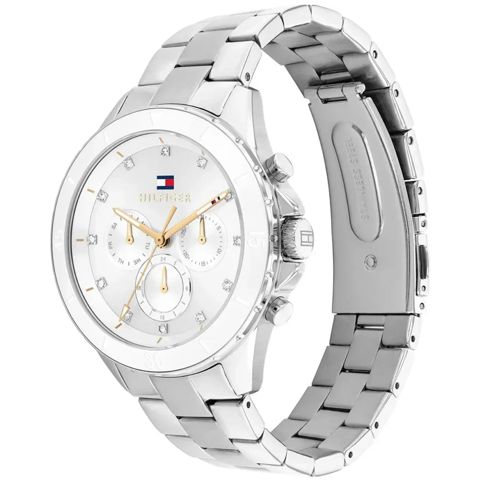 Tommy Hilfiger Mellie 1782707 40mm Women's Multi-Function Watch – White Sunray & Silver Stainless Steel Bracelet