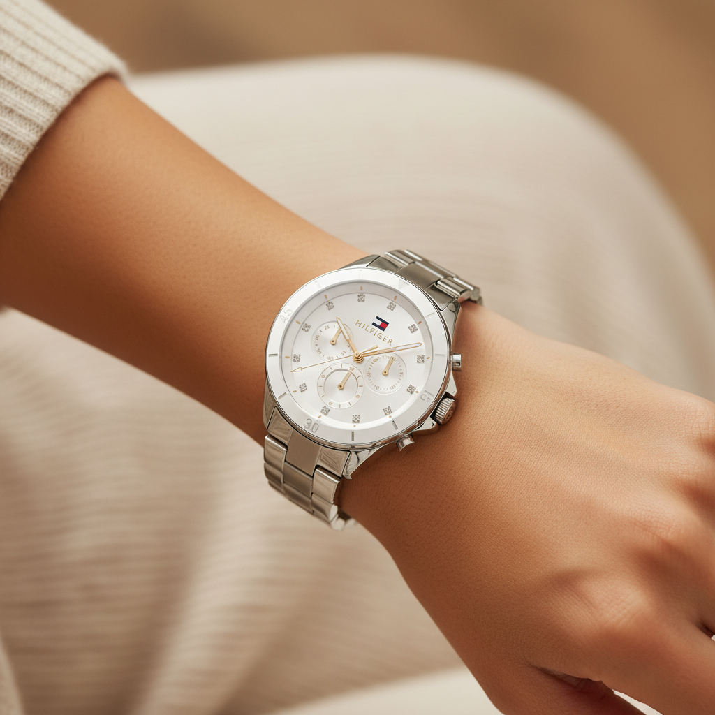 Tommy Hilfiger Mellie 1782707 40mm Women's Multi-Function Watch – White Sunray & Silver Stainless Steel Bracelet