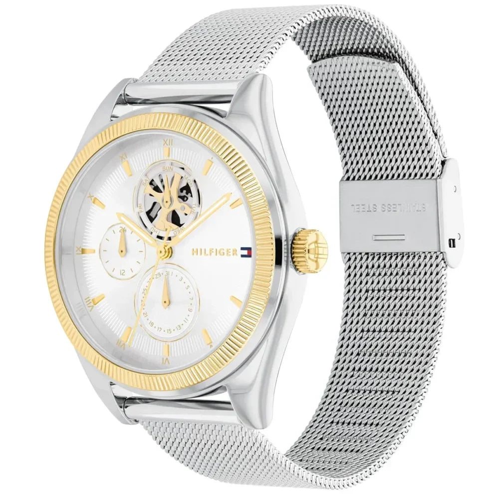 Tommy Hilfiger Monica 1782713 38mm Women's Multi-Function Watch – White Semi-Skeleton & Silver Stainless Steel Mesh Bracelet
