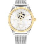 Tommy Hilfiger Monica 1782713 38mm Women's Multi-Function Watch – White Semi-Skeleton & Silver Stainless Steel Mesh Bracelet