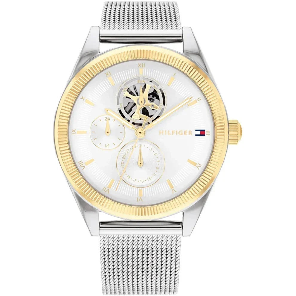 Tommy Hilfiger Monica 1782713 38mm Women's Multi-Function Watch – White Semi-Skeleton & Silver Stainless Steel Mesh Bracelet